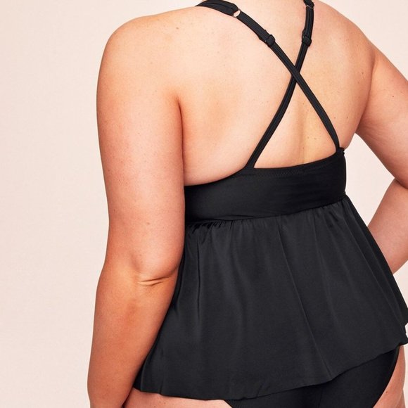 Adore Me Contour Plus Swim Top Swim Tankini Peplum Criss Cross Back Black - Picture 7 of 16
